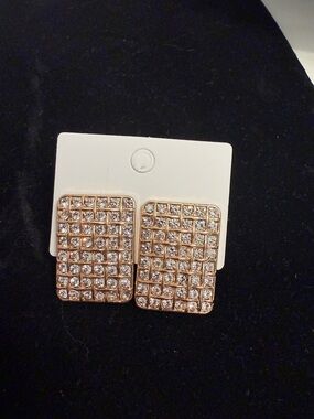 Rhinestone Grid Rectangle Stud Earrings - Rose Gold